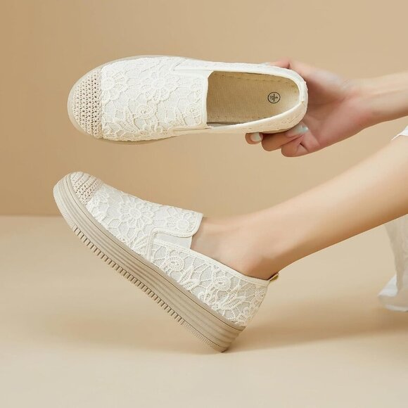 Womens Slip On Shoes Lace Mesh Flat Casual Loafers for Office Travel - Picture 8 of 9